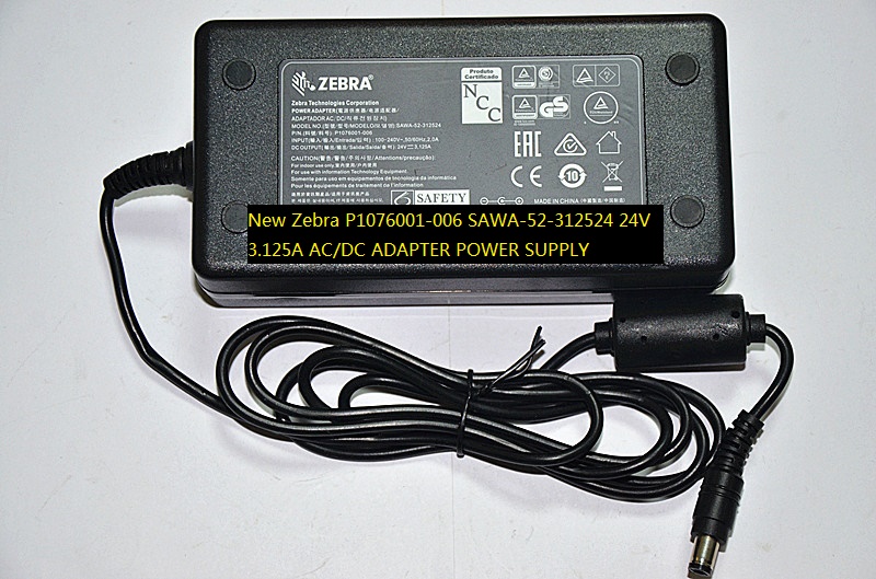 New 24V 3.125A AC/DC ADAPTER Zebra P1076001-006 SAWA-52-312524 POWER SUPPLY